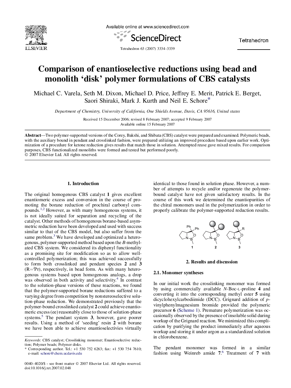 Comparison of enantioselective reductions using bead and monolith 'disk' polymer formulations of CBS catalysts