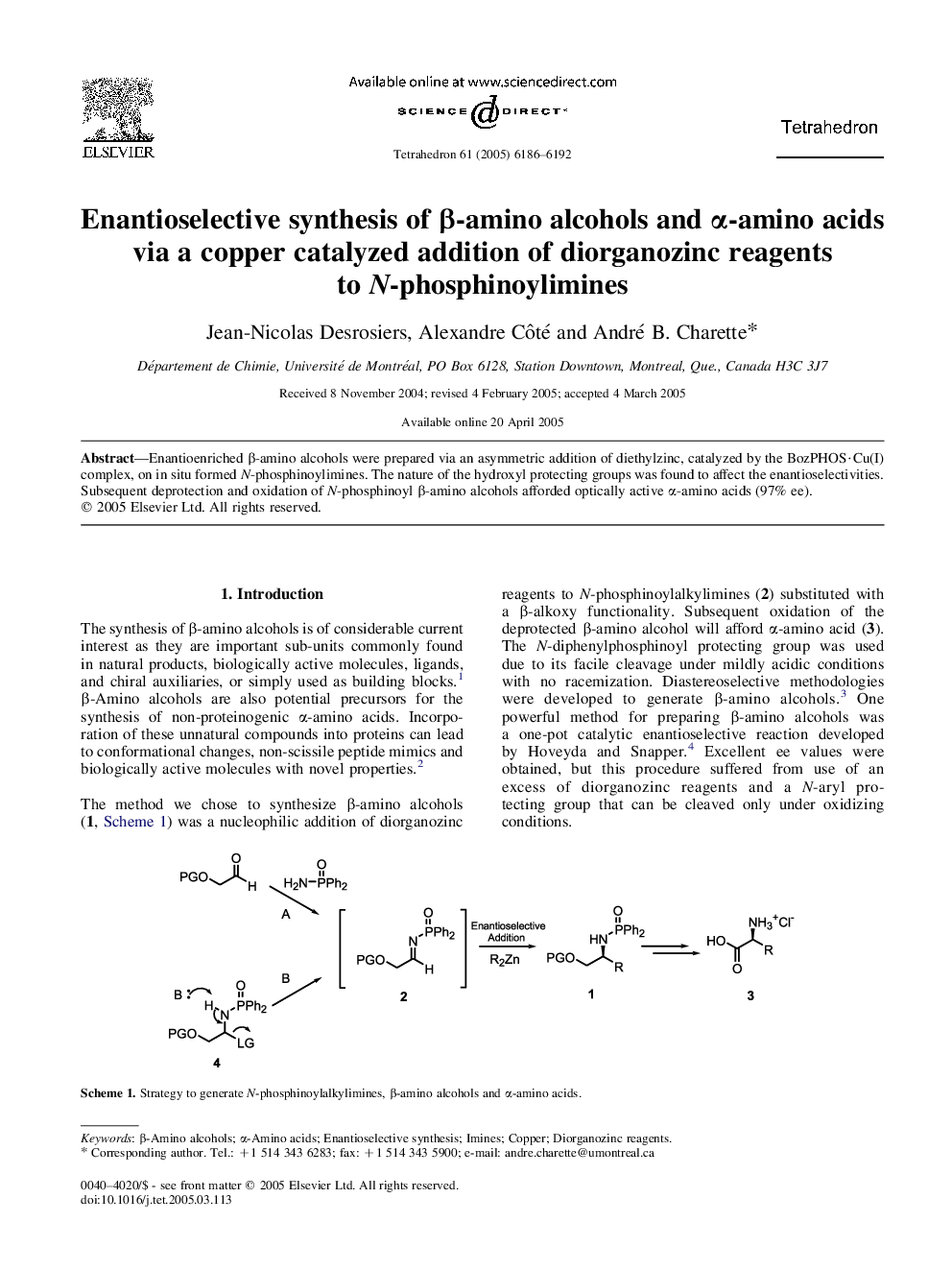 Enantioselective synthesis of Î²-amino alcohols and Î±-amino acids via a copper catalyzed addition of diorganozinc reagents to N-phosphinoylimines