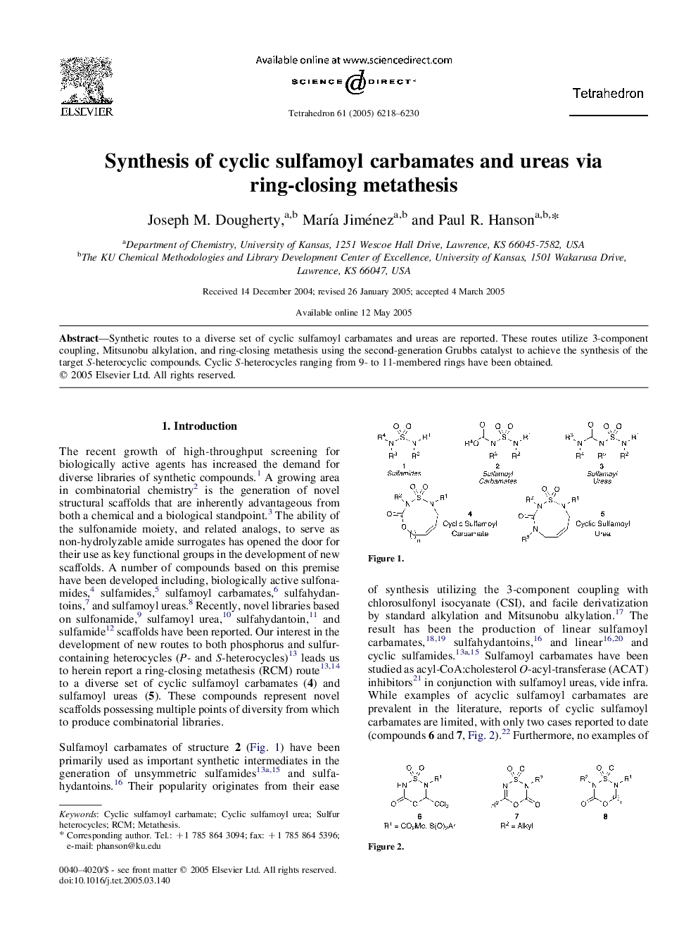Synthesis of cyclic sulfamoyl carbamates and ureas via ring-closing metathesis