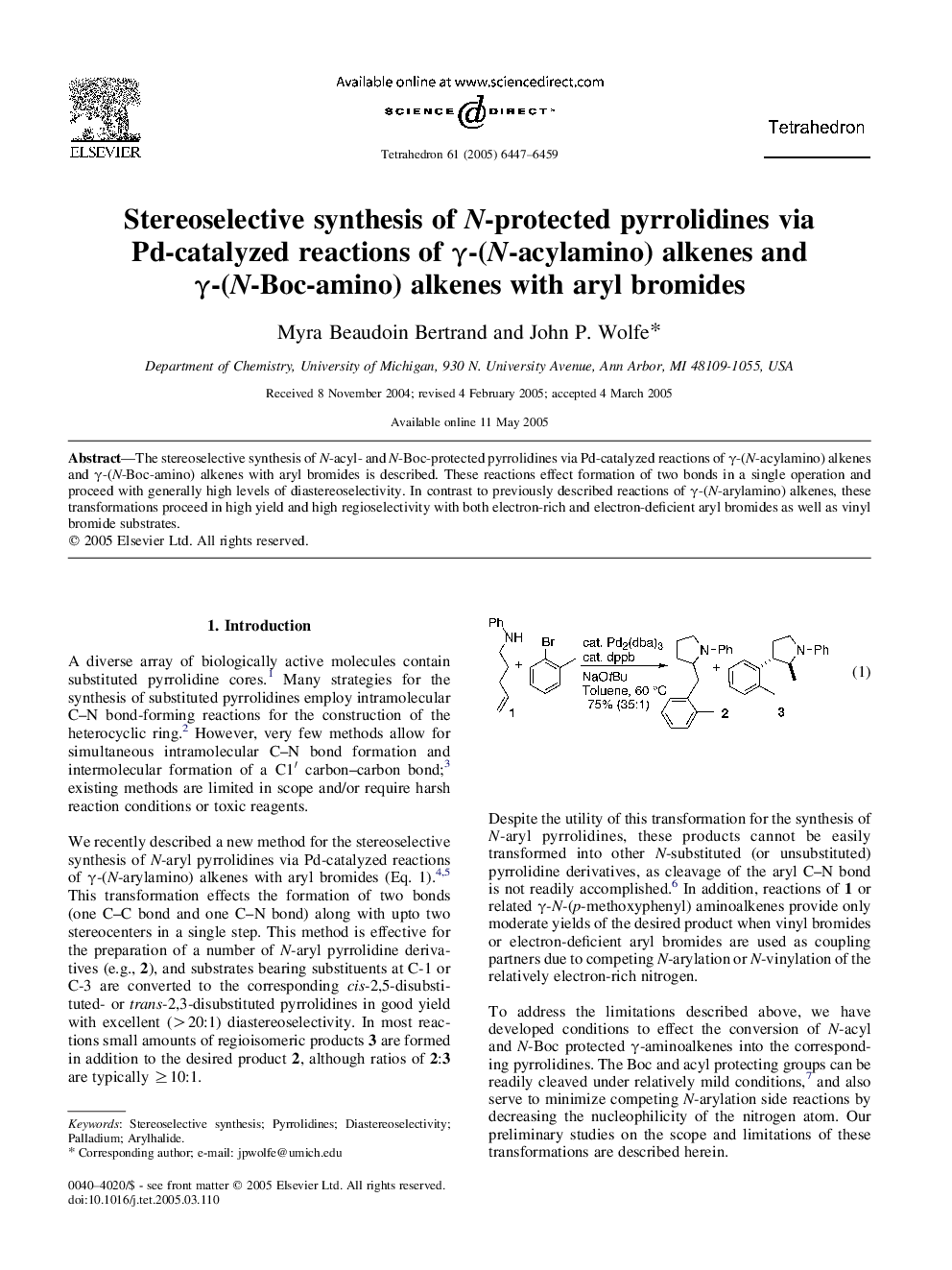 Stereoselective synthesis of N-protected pyrrolidines via Pd-catalyzed reactions of Î³-(N-acylamino) alkenes and Î³-(N-Boc-amino) alkenes with aryl bromides