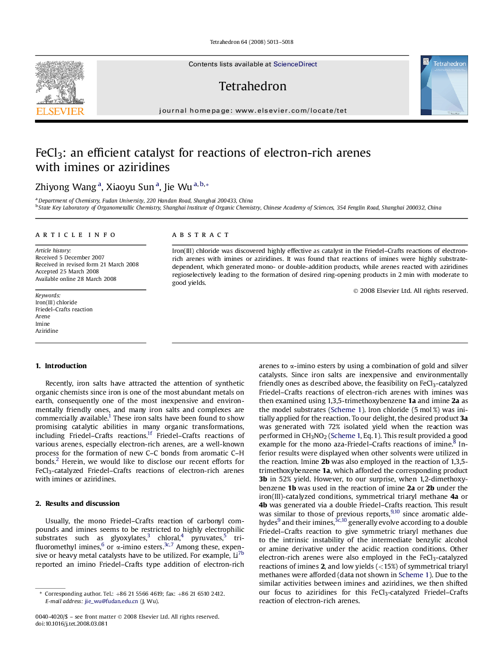 FeCl3: an efficient catalyst for reactions of electron-rich arenes with imines or aziridines