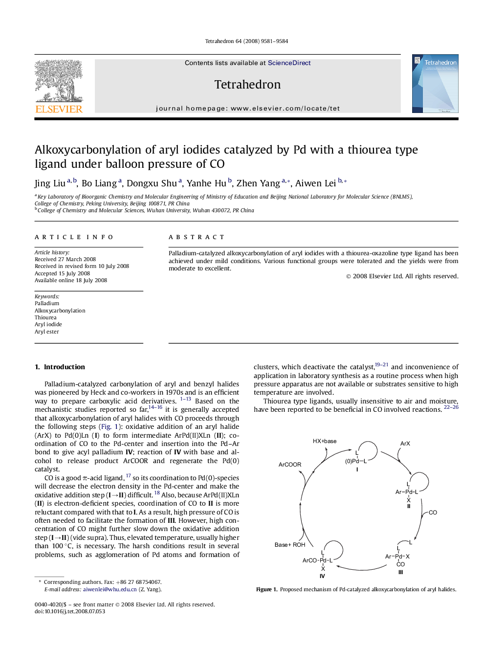 Alkoxycarbonylation of aryl iodides catalyzed by Pd with a thiourea type ligand under balloon pressure of CO