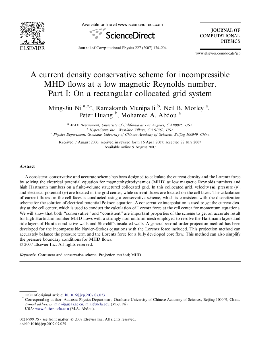 A current density conservative scheme for incompressible MHD flows at a low magnetic Reynolds number. Part I: On a rectangular collocated grid system