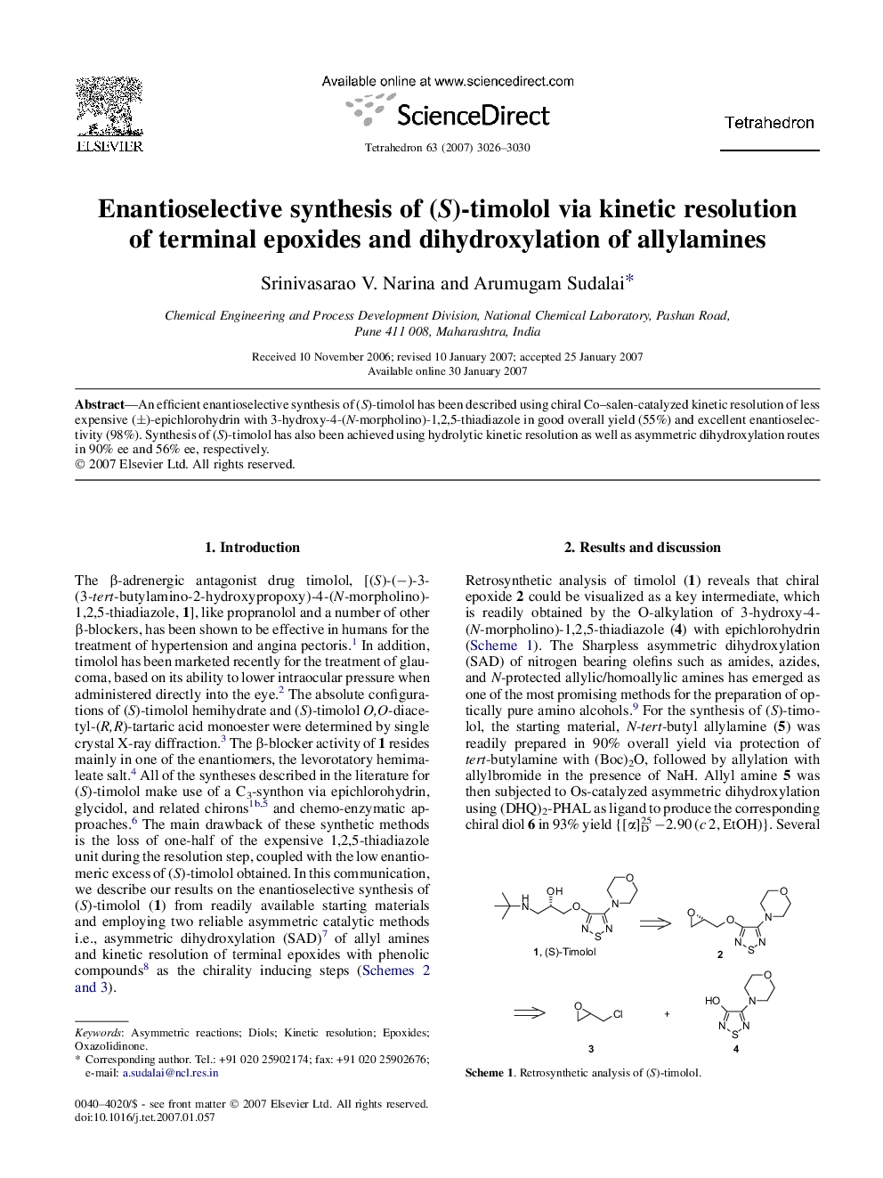 Enantioselective synthesis of (S)-timolol via kinetic resolution of terminal epoxides and dihydroxylation of allylamines