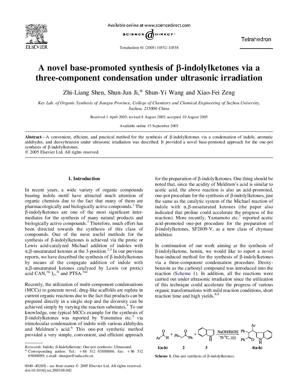 A novel base-promoted synthesis of Î²-indolylketones via a three-component condensation under ultrasonic irradiation