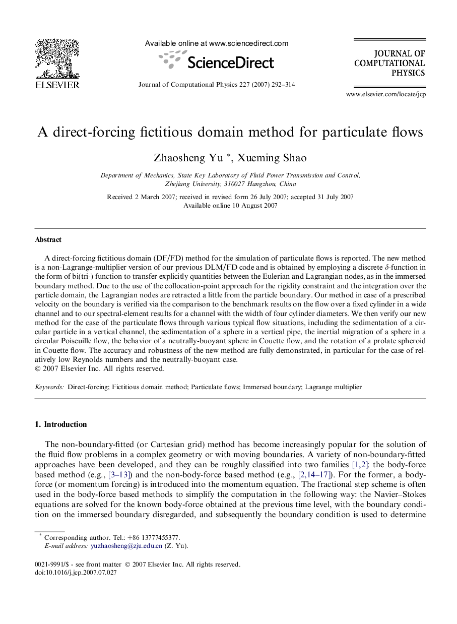 عکس صفحه اول مقاله: A direct-forcing fictitious domain method for particulate flows A direct-forcing fictitious domain method for particulate flows
