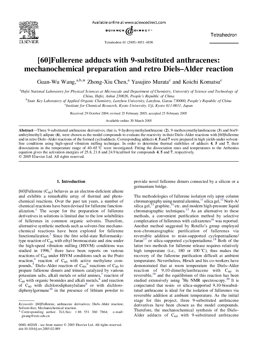 [60]Fullerene adducts with 9-substituted anthracenes: mechanochemical preparation and retro Diels-Alder reaction