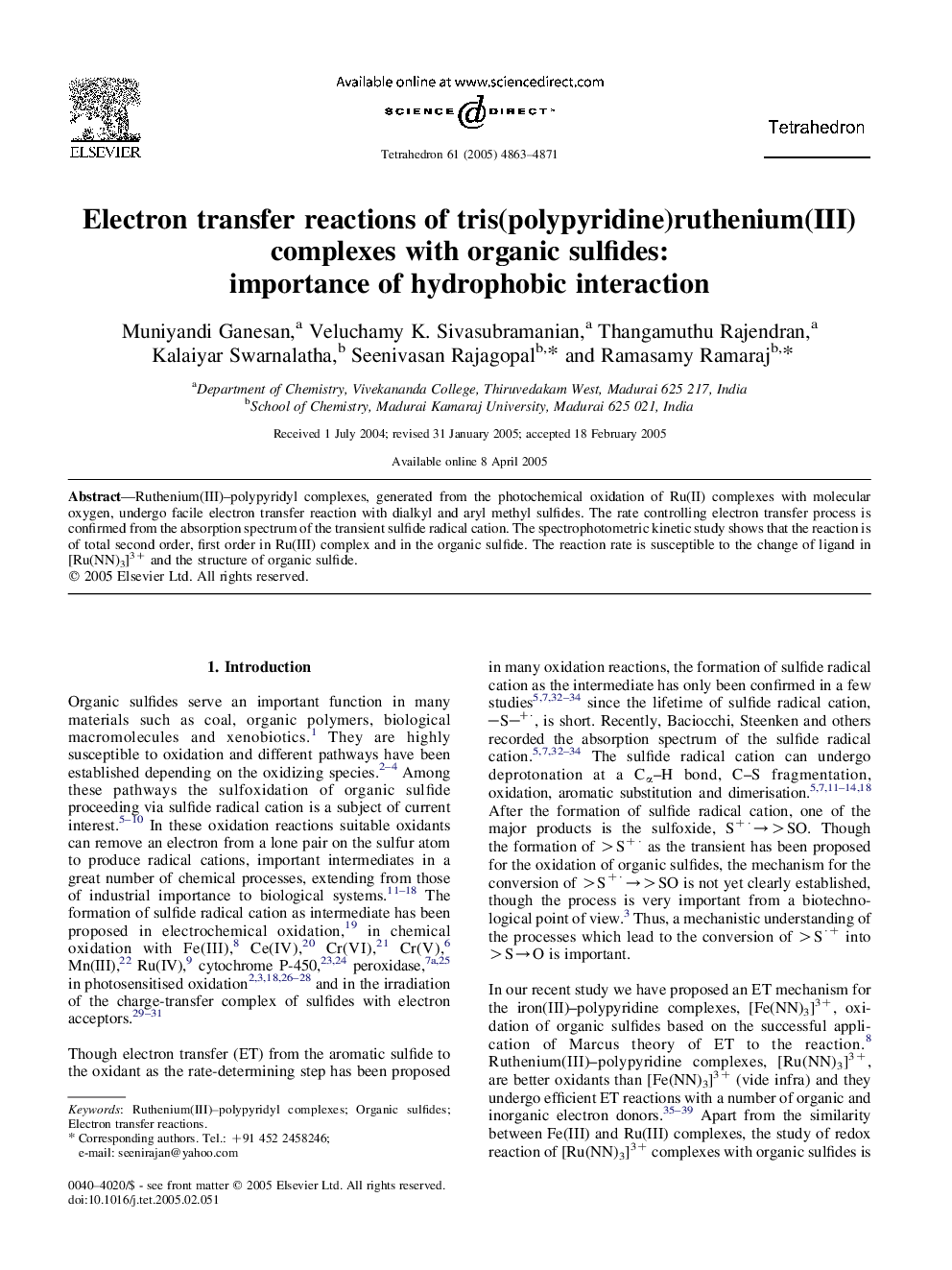 Electron transfer reactions of tris(polypyridine)ruthenium(III) complexes with organic sulfides: importance of hydrophobic interaction