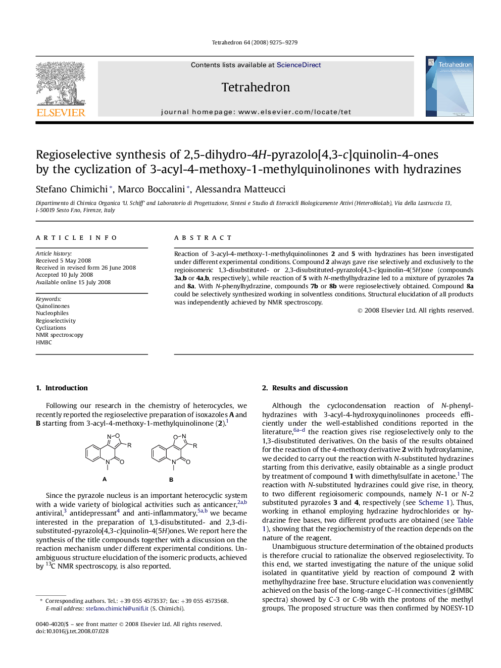 Regioselective synthesis of 2,5-dihydro-4H-pyrazolo[4,3-c]quinolin-4-ones by the cyclization of 3-acyl-4-methoxy-1-methylquinolinones with hydrazines