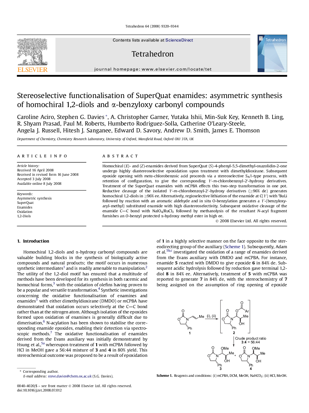 Stereoselective functionalisation of SuperQuat enamides: asymmetric synthesis of homochiral 1,2-diols and Î±-benzyloxy carbonyl compounds