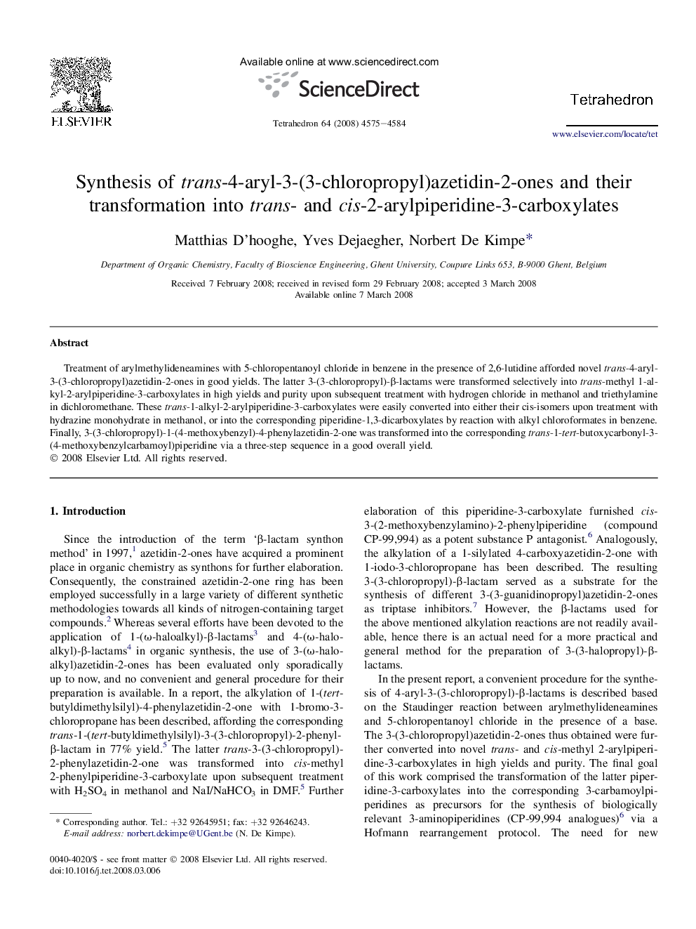 Synthesis of trans-4-aryl-3-(3-chloropropyl)azetidin-2-ones and their transformation into trans- and cis-2-arylpiperidine-3-carboxylates