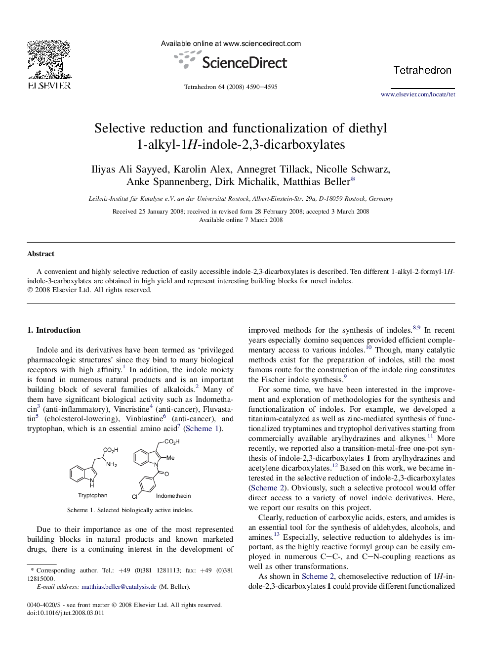Selective reduction and functionalization of diethyl 1-alkyl-1H-indole-2,3-dicarboxylates