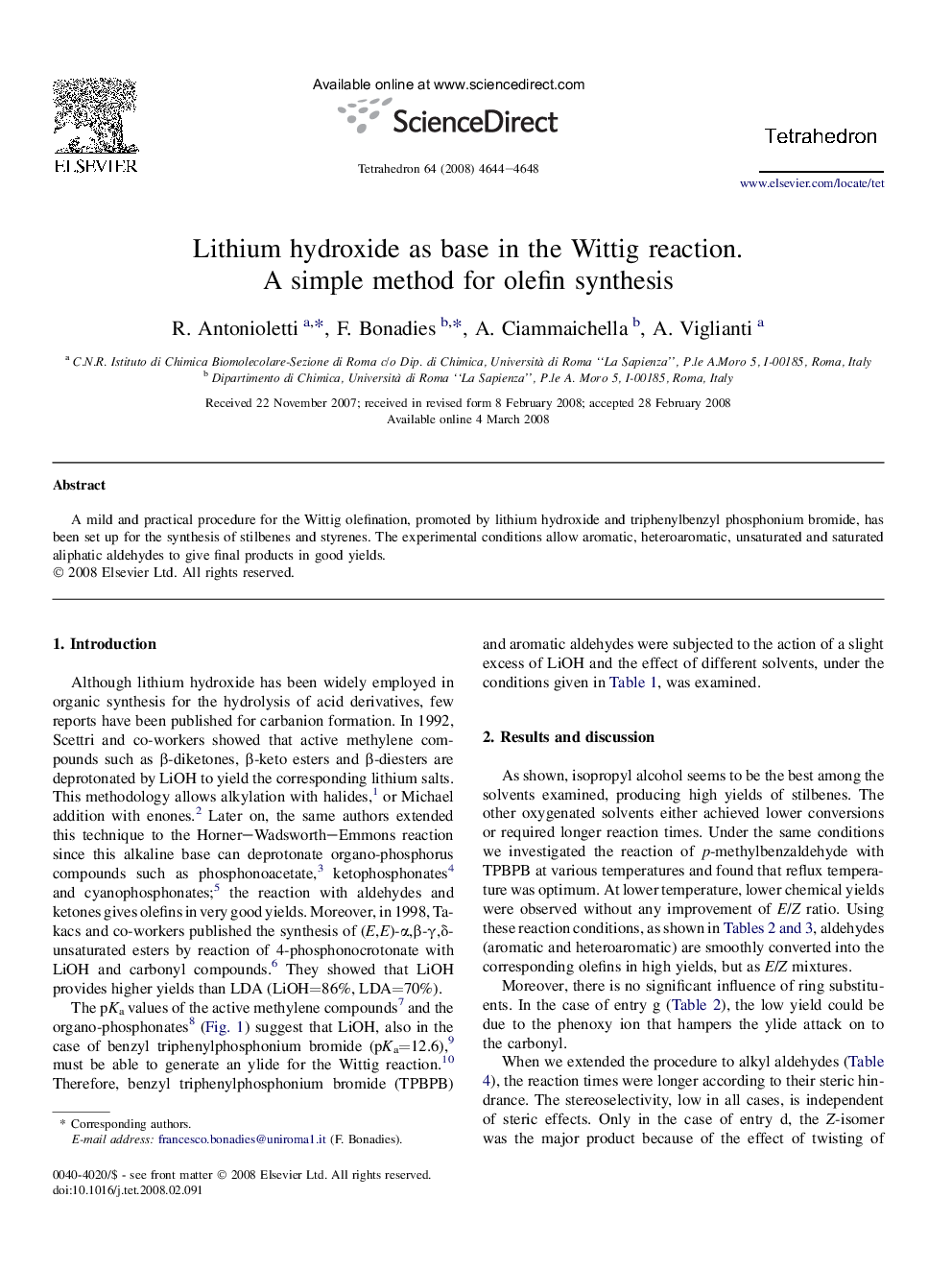 Lithium hydroxide as base in the Wittig reaction. A simple method for olefin synthesis