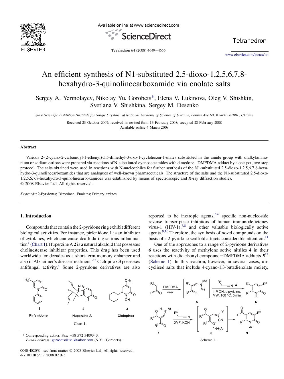 An efficient synthesis of N1-substituted 2,5-dioxo-1,2,5,6,7,8-hexahydro-3-quinolinecarboxamide via enolate salts