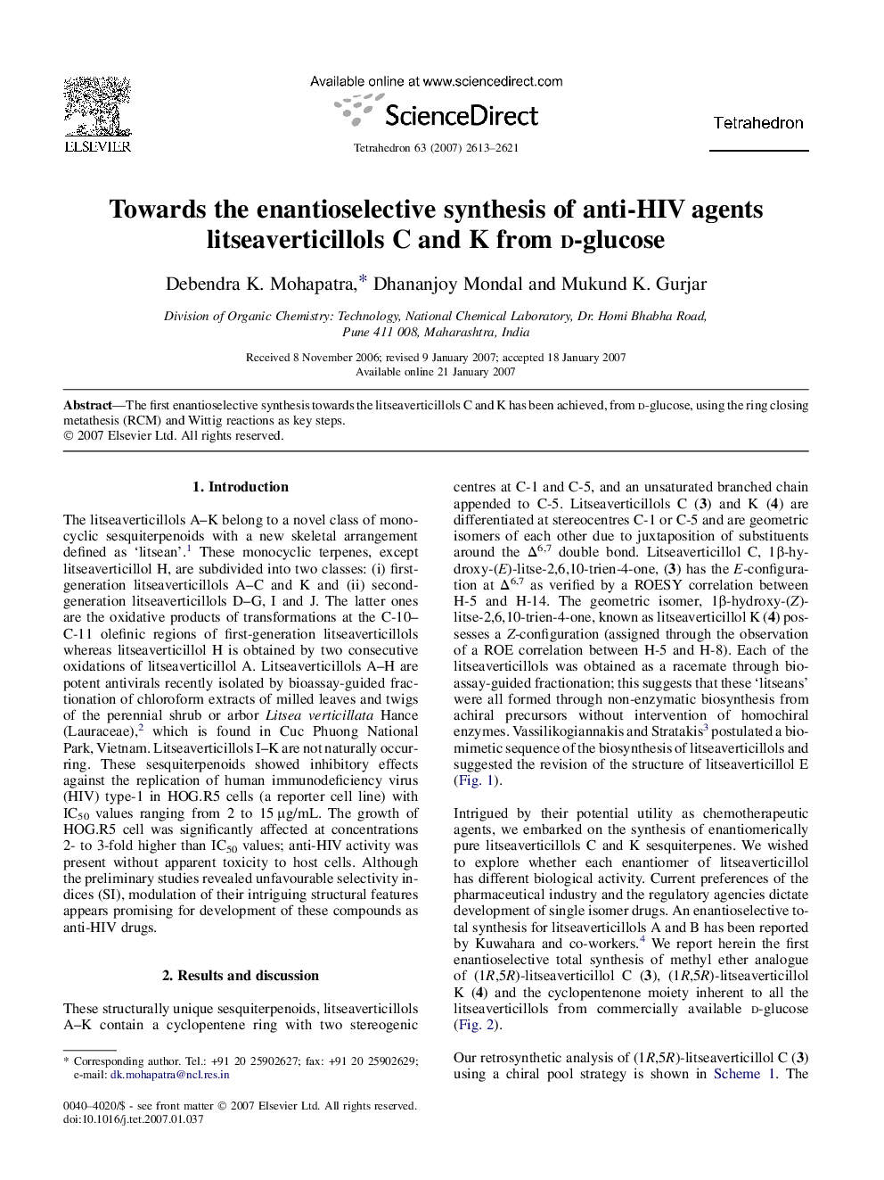 Towards the enantioselective synthesis of anti-HIV agents litseaverticillols C and K from d-glucose