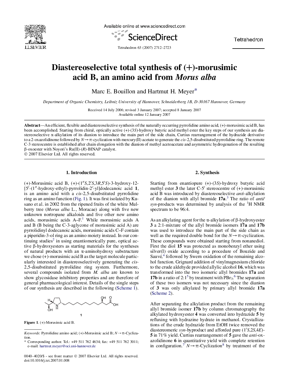 Diastereoselective total synthesis of (+)-morusimic acid B, an amino acid from Morus alba