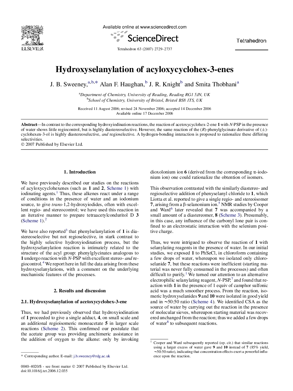 Hydroxyselanylation of acyloxycyclohex-3-enes