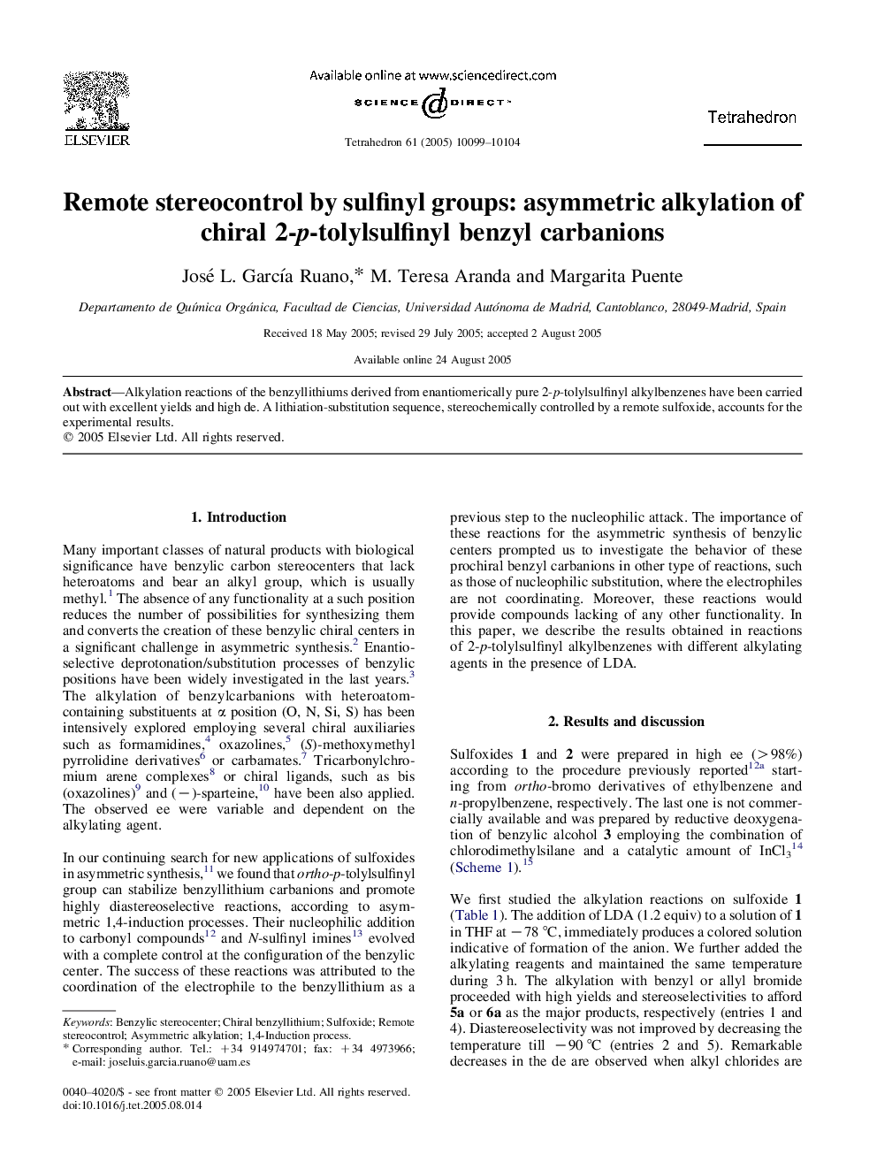 Remote stereocontrol by sulfinyl groups: asymmetric alkylation of chiral 2-p-tolylsulfinyl benzyl carbanions