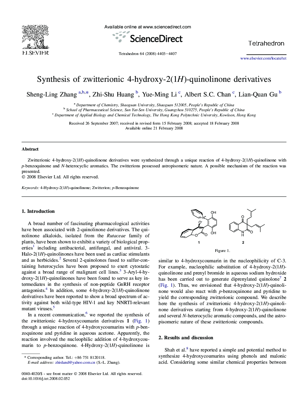 Synthesis of zwitterionic 4-hydroxy-2(1H)-quinolinone derivatives