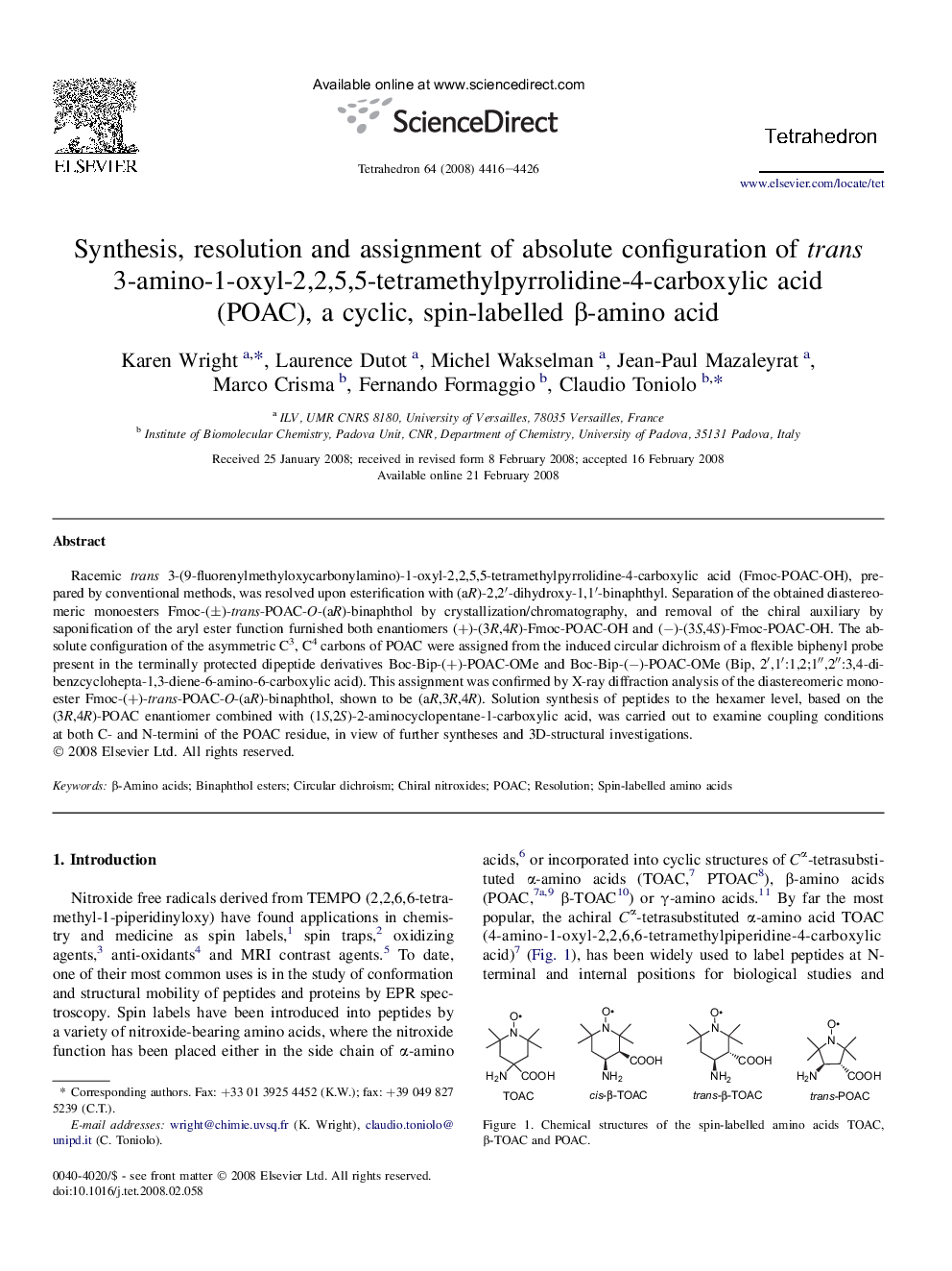 Synthesis, resolution and assignment of absolute configuration of trans 3-amino-1-oxyl-2,2,5,5-tetramethylpyrrolidine-4-carboxylic acid (POAC), a cyclic, spin-labelled Î²-amino acid