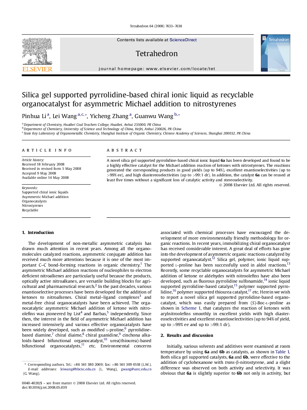 Silica gel supported pyrrolidine-based chiral ionic liquid as recyclable organocatalyst for asymmetric Michael addition to nitrostyrenes