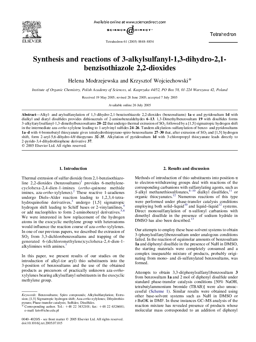 Synthesis and reactions of 3-alkylsulfanyl-1,3-dihydro-2,1-benzisothiazole 2,2-dioxides