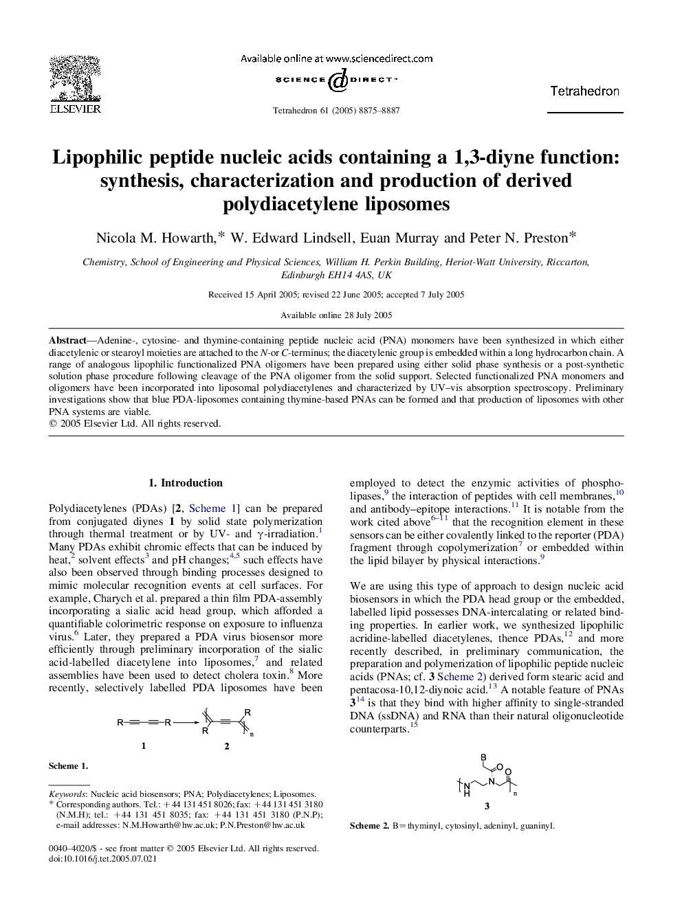 Lipophilic peptide nucleic acids containing a 1,3-diyne function: synthesis, characterization and production of derived polydiacetylene liposomes