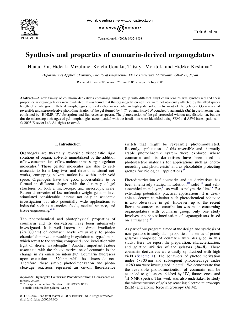 Synthesis and properties of coumarin-derived organogelators