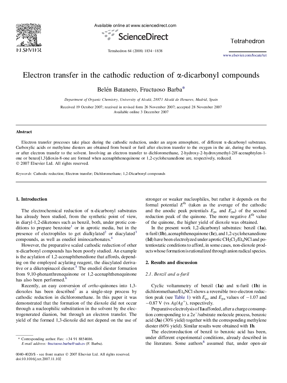 Electron transfer in the cathodic reduction of Î±-dicarbonyl compounds