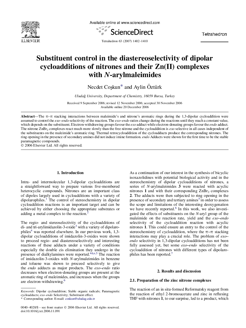 Substituent control in the diastereoselectivity of dipolar cycloadditions of nitrones and their Zn(II) complexes with N-arylmaleimides