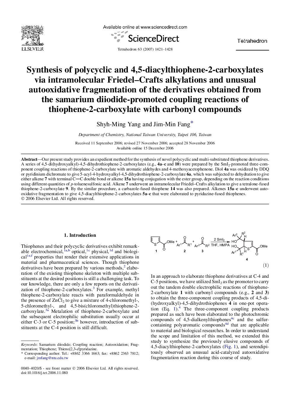 Synthesis of polycyclic and 4,5-diacylthiophene-2-carboxylates via intramolecular Friedel-Crafts alkylations and unusual autooxidative fragmentation of the derivatives obtained from the samarium diiodide-promoted coupling reactions of thiophene-2-carbox