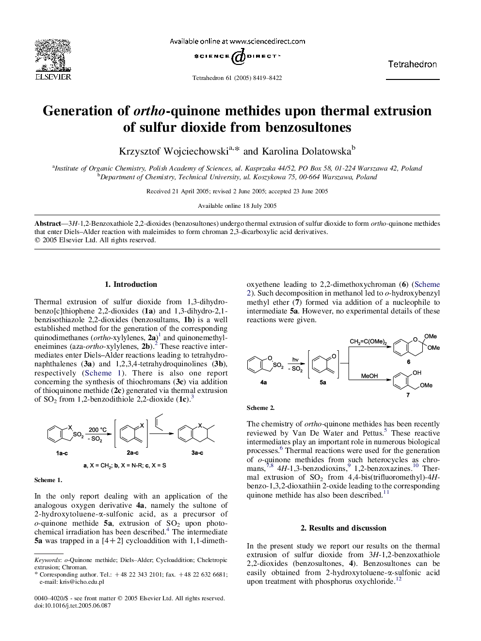 Generation of ortho-quinone methides upon thermal extrusion of sulfur dioxide from benzosultones