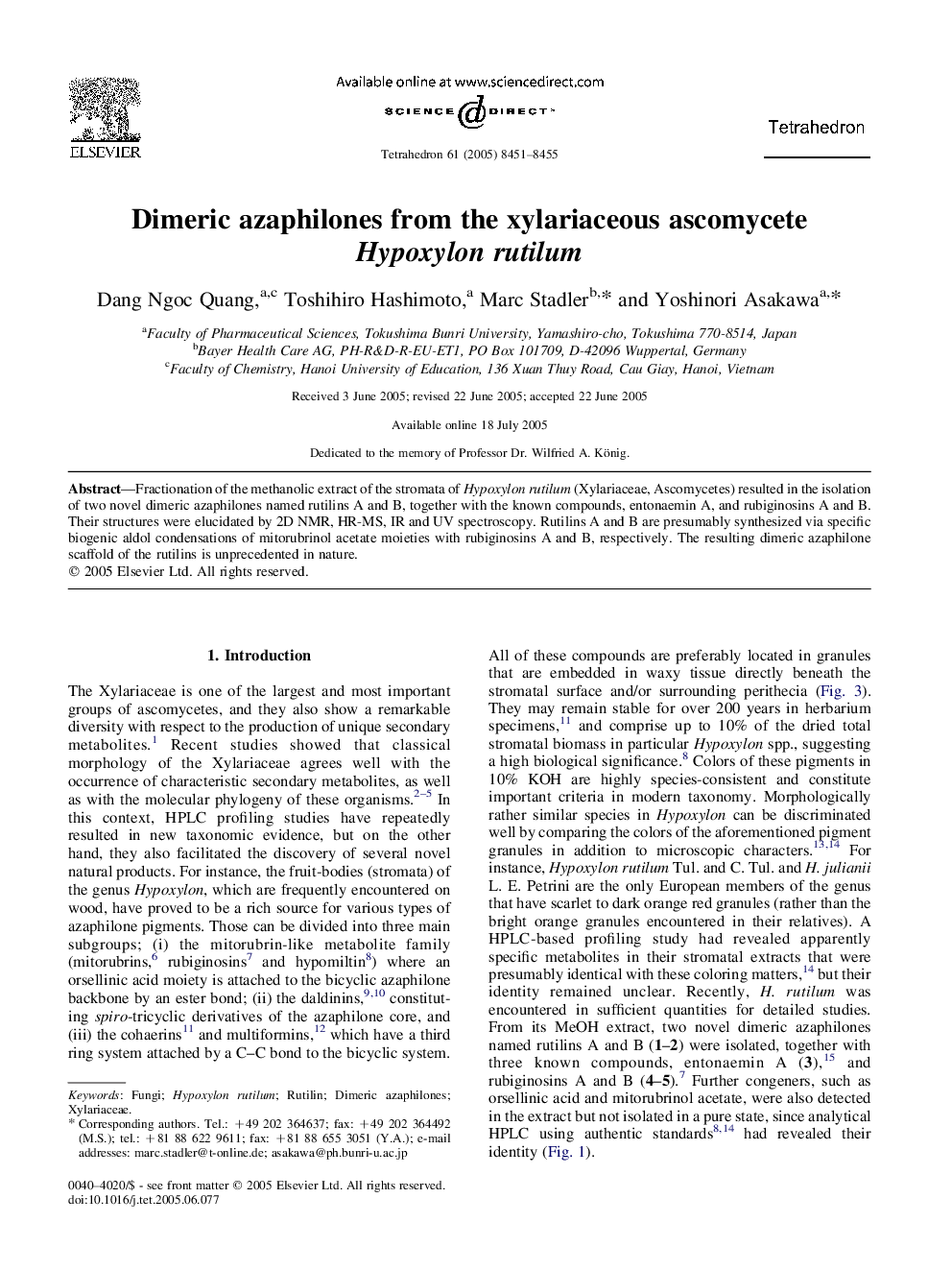 Dimeric azaphilones from the xylariaceous ascomycete Hypoxylon rutilum