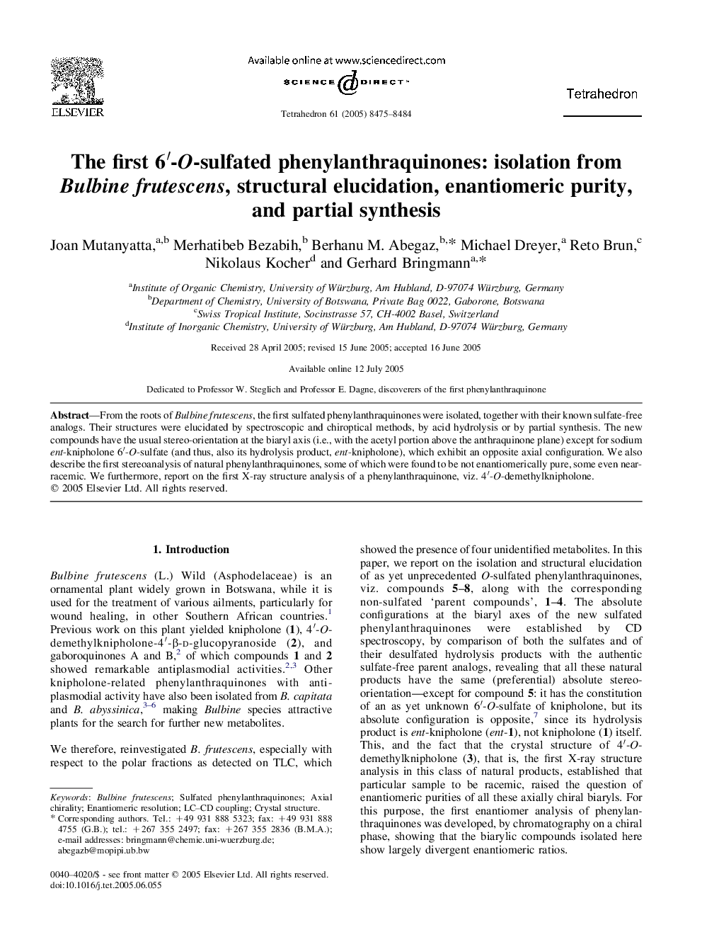 The first 6â²-O-sulfated phenylanthraquinones: isolation from Bulbine frutescens, structural elucidation, enantiomeric purity, and partial synthesis