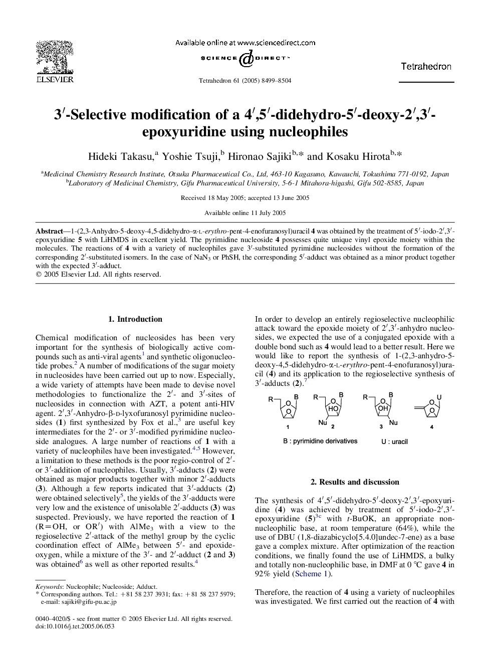 عکس صفحه اول مقاله: 3â²-Selective modification of a 4â²,5â²-didehydro-5â²-deoxy-2â²,3â²-epoxyuridine using nucleophiles 3â²-Selective modification of a 4â²,5â²-didehydro-5â²-deoxy-2â²,3â²-epoxyuridine using nucleophiles