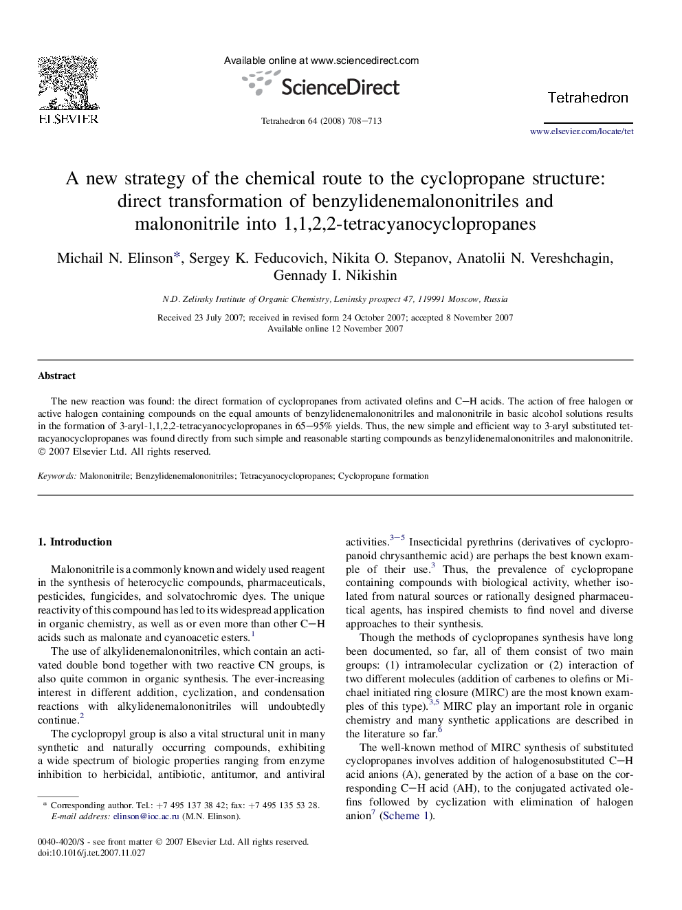 A new strategy of the chemical route to the cyclopropane structure: direct transformation of benzylidenemalononitriles and malononitrile into 1,1,2,2-tetracyanocyclopropanes