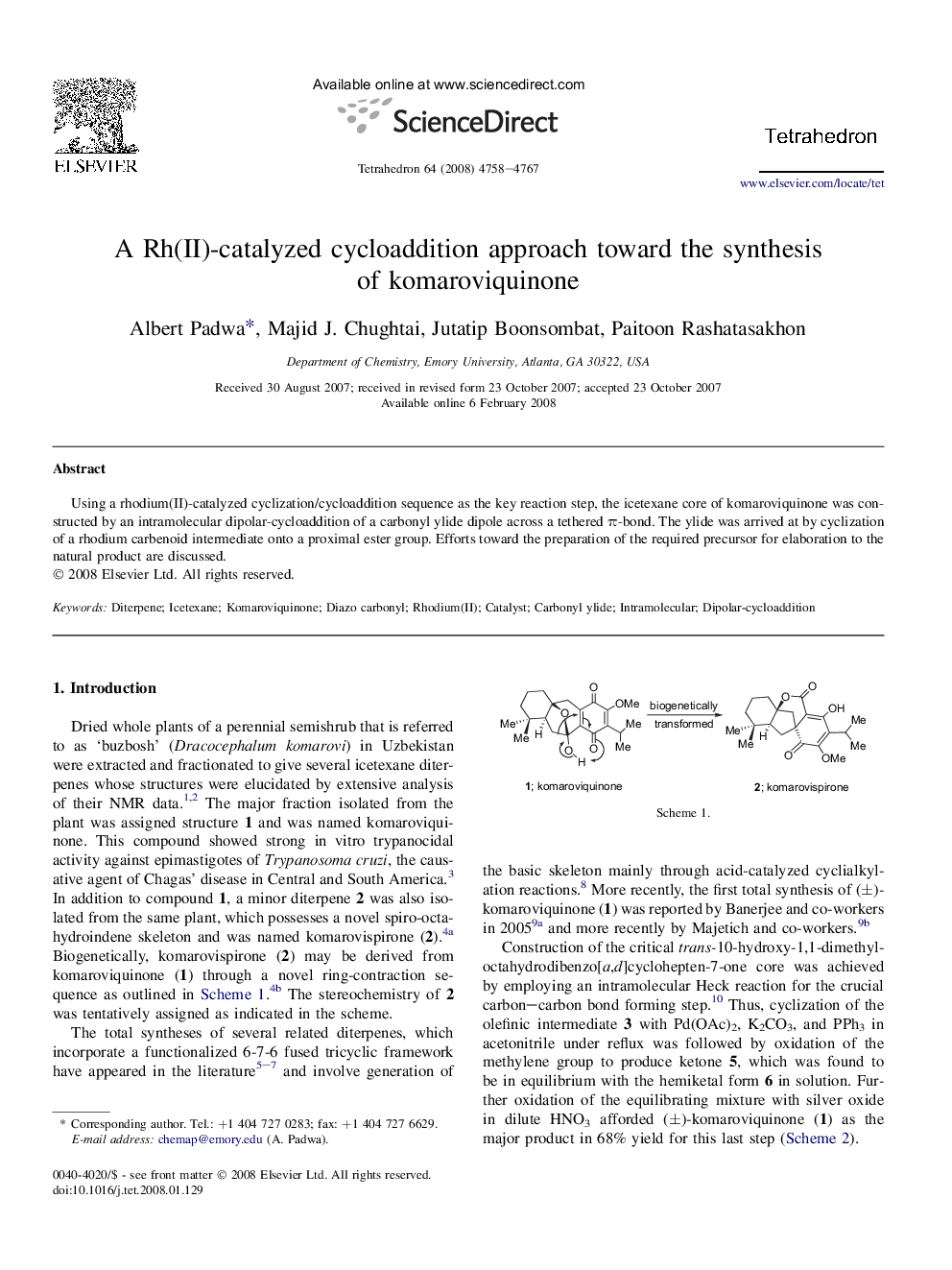 A Rh(II)-catalyzed cycloaddition approach toward the synthesis of komaroviquinone