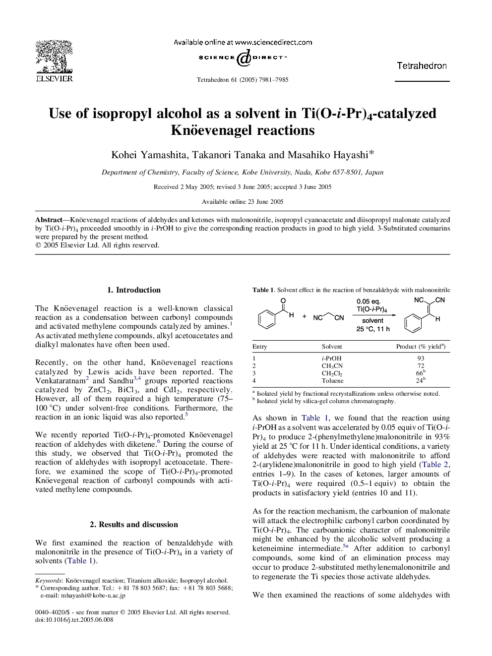 Use of isopropyl alcohol as a solvent in Ti(O-i-Pr)4-catalyzed Knöevenagel reactions