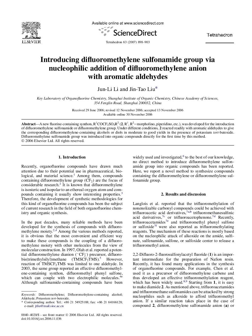 Introducing difluoromethylene sulfonamide group via nucleophilic addition of difluoromethylene anion with aromatic aldehydes