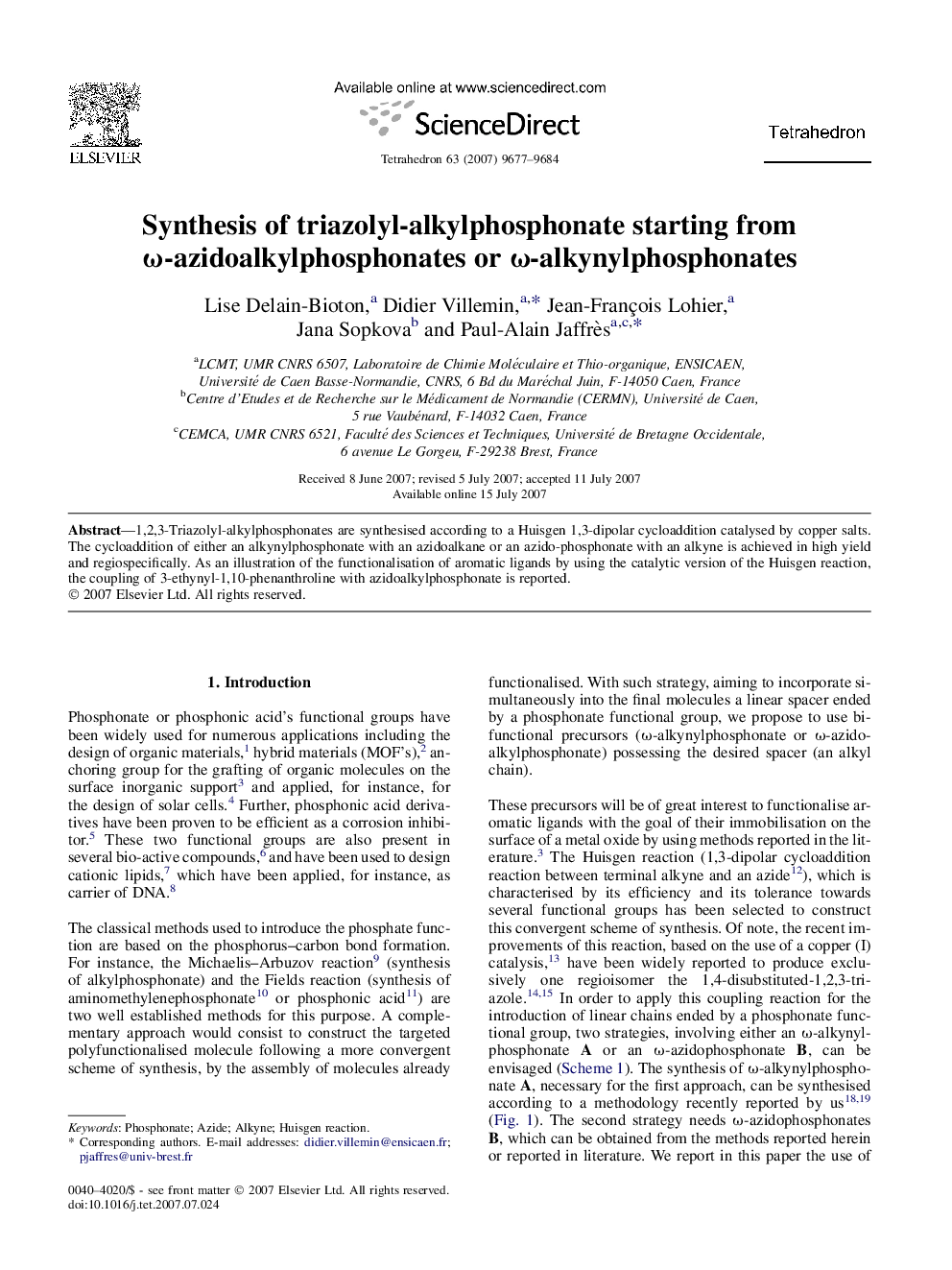 Synthesis of triazolyl-alkylphosphonate starting from Ï-azidoalkylphosphonates or Ï-alkynylphosphonates