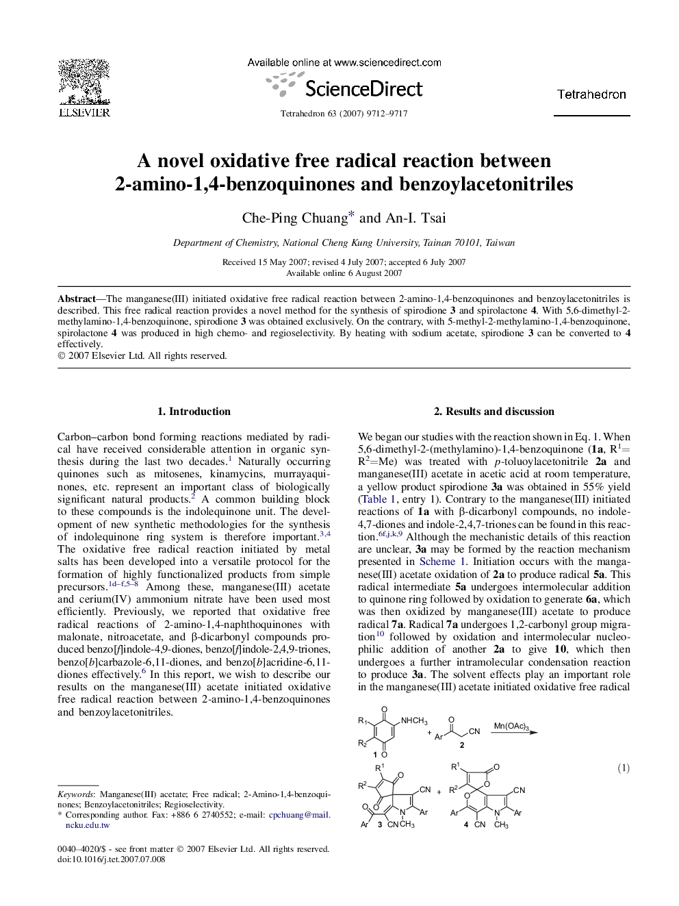 A novel oxidative free radical reaction between 2-amino-1,4-benzoquinones and benzoylacetonitriles