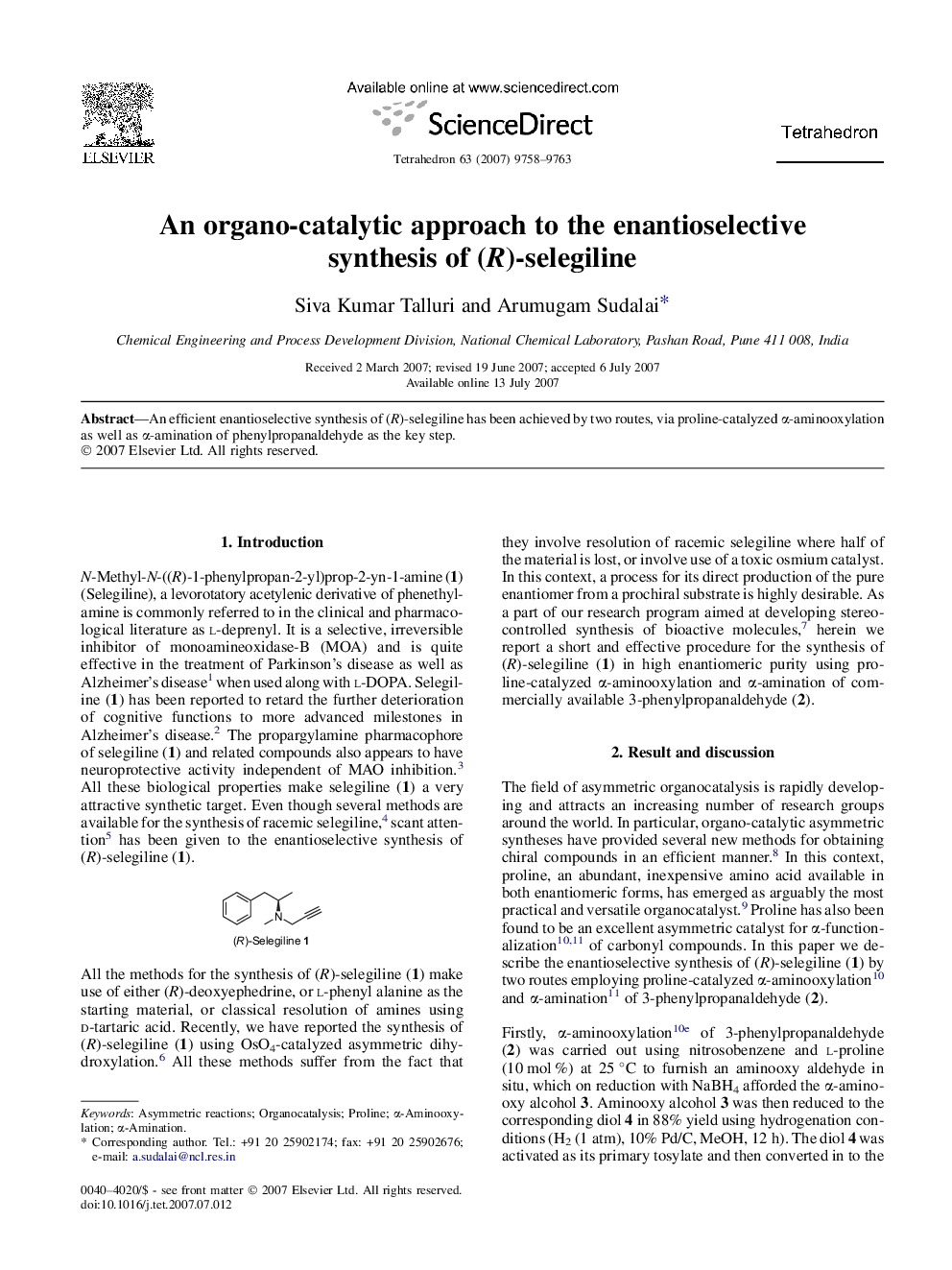 An organo-catalytic approach to the enantioselective synthesis of (R)-selegiline