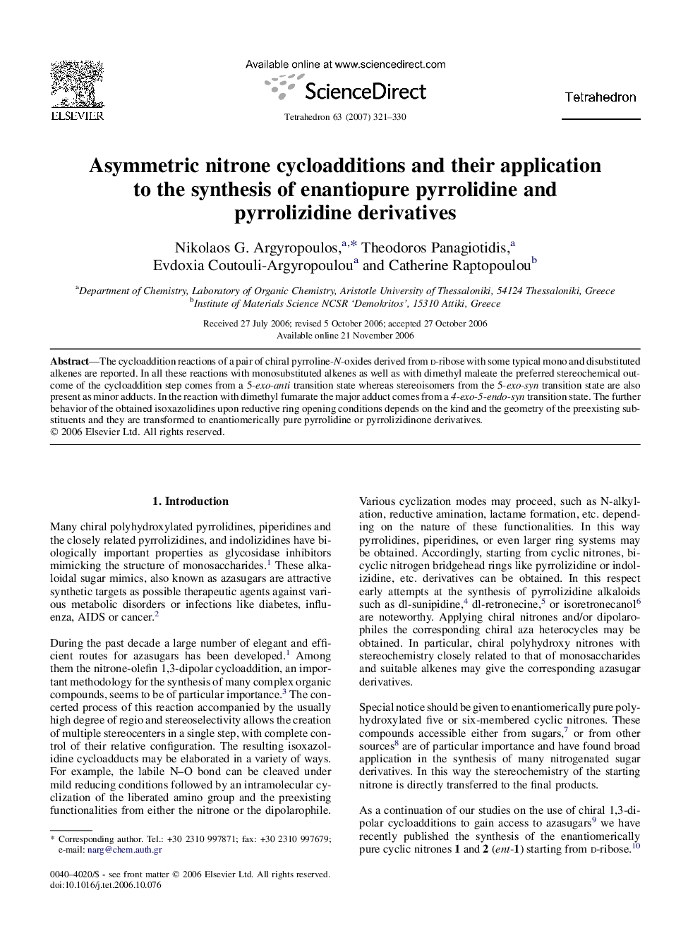 عکس صفحه اول مقاله: Asymmetric nitrone cycloadditions and their application to the synthesis of enantiopure pyrrolidine and pyrrolizidine derivatives Asymmetric nitrone cycloadditions and their application to the synthesis of enantiopure pyrrolidine and pyrrolizidine derivatives