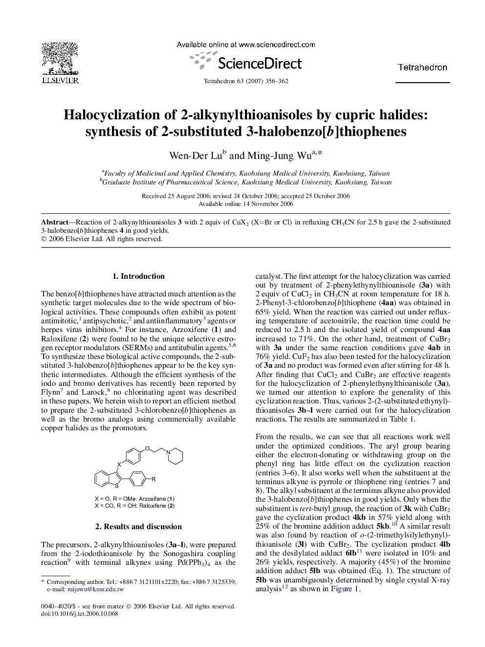 Halocyclization of 2-alkynylthioanisoles by cupric halides: synthesis of 2-substituted 3-halobenzo[b]thiophenes