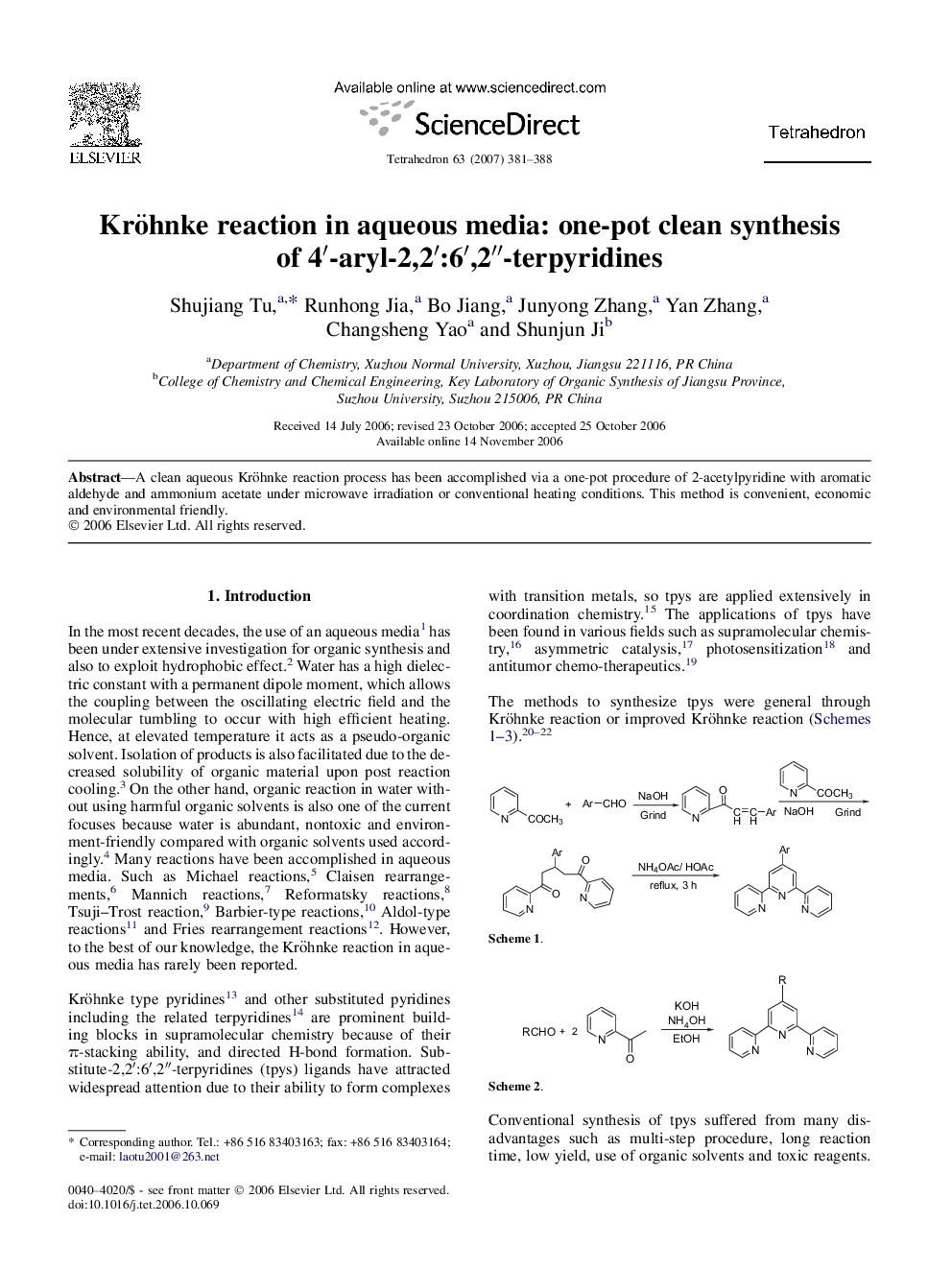 عکس صفحه اول مقاله: Kröhnke reaction in aqueous media: one-pot clean synthesis of 4′-aryl-2,2′:6′,2″-terpyridines Kröhnke reaction in aqueous media: one-pot clean synthesis of 4′-aryl-2,2′:6′,2″-terpyridines