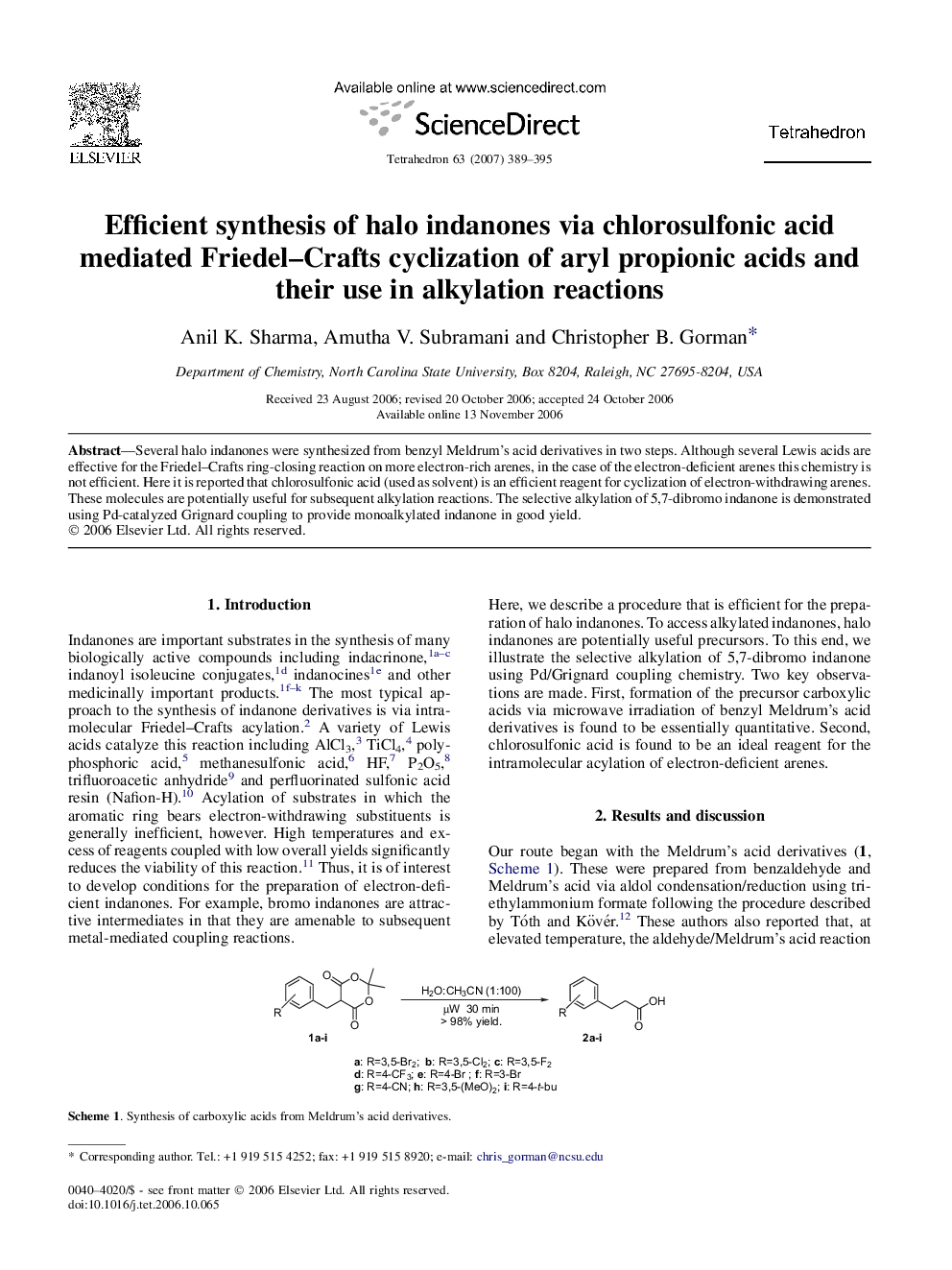 عکس صفحه اول مقاله: Efficient synthesis of halo indanones via chlorosulfonic acid mediated Friedel-Crafts cyclization of aryl propionic acids and their use in alkylation reactions Efficient synthesis of halo indanones via chlorosulfonic acid mediated Friedel-Crafts cyclization of aryl propionic acids and their use in alkylation reactions