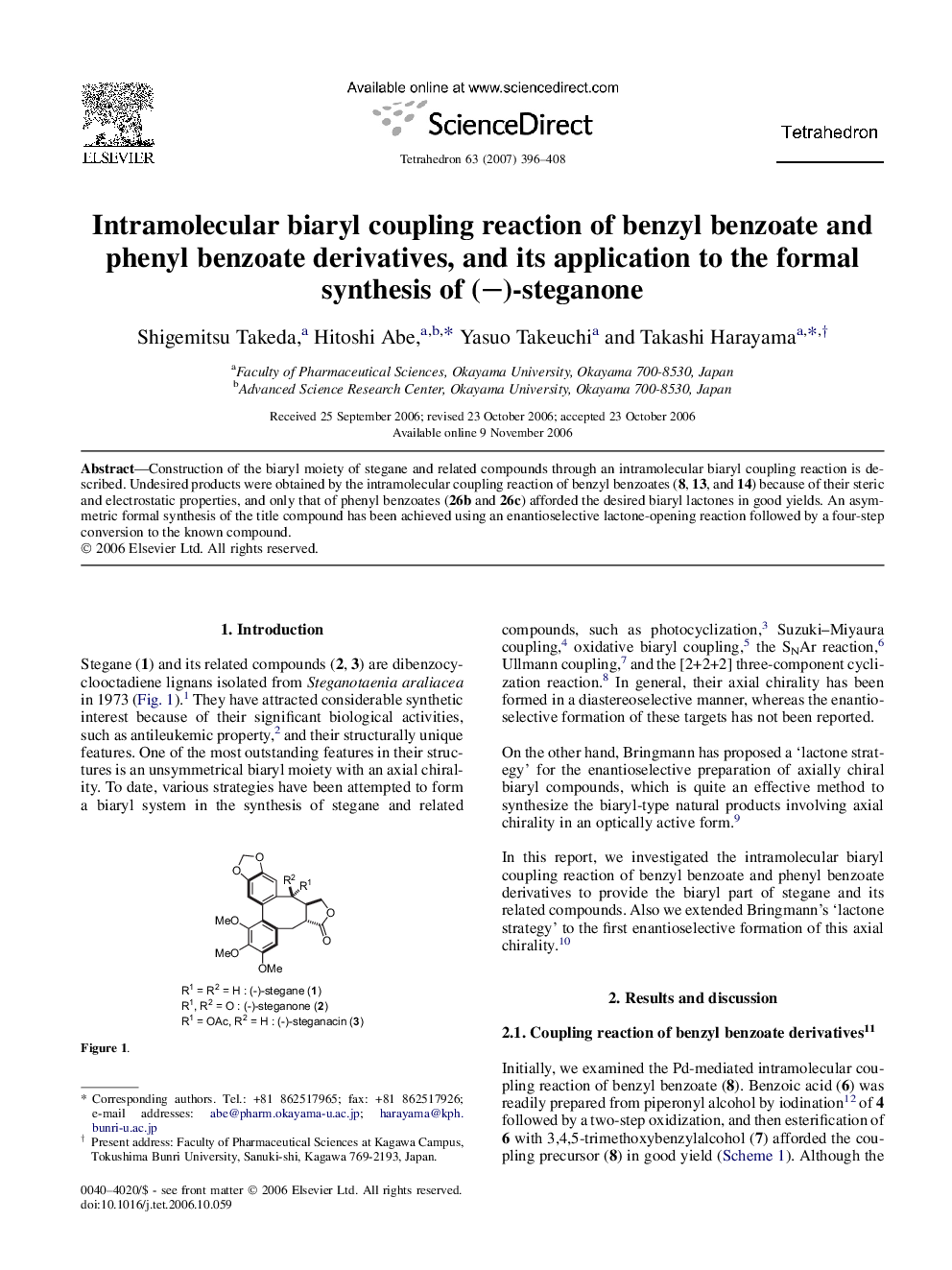 عکس صفحه اول مقاله: Intramolecular biaryl coupling reaction of benzyl benzoate and phenyl benzoate derivatives, and its application to the formal synthesis of (â)-steganone Intramolecular biaryl coupling reaction of benzyl benzoate and phenyl benzoate derivatives, and its application to the formal synthesis of (â)-steganone