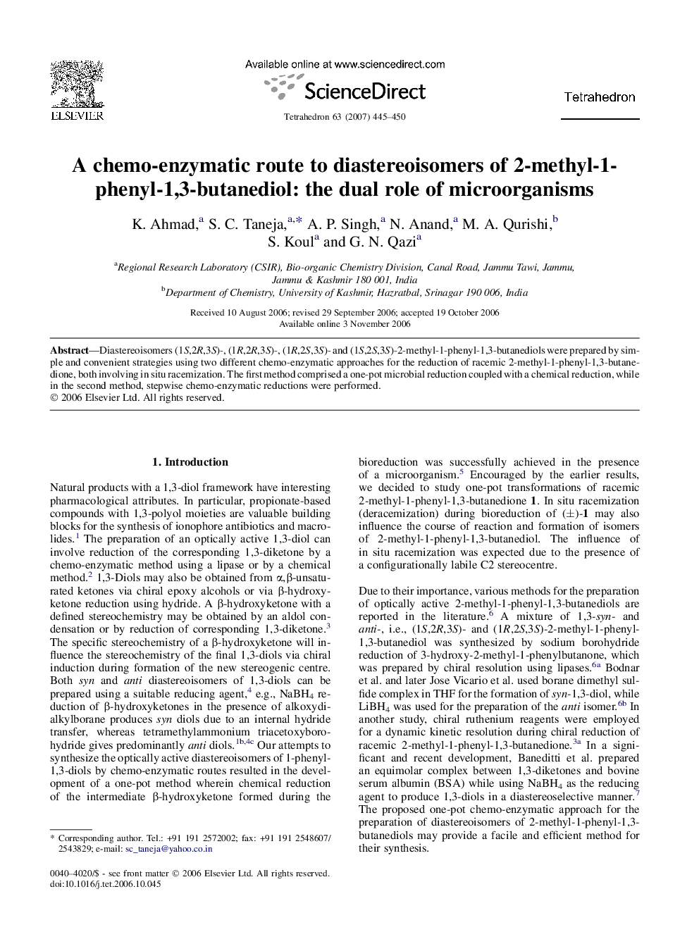 عکس صفحه اول مقاله: A chemo-enzymatic route to diastereoisomers of 2-methyl-1-phenyl-1,3-butanediol: the dual role of microorganisms A chemo-enzymatic route to diastereoisomers of 2-methyl-1-phenyl-1,3-butanediol: the dual role of microorganisms