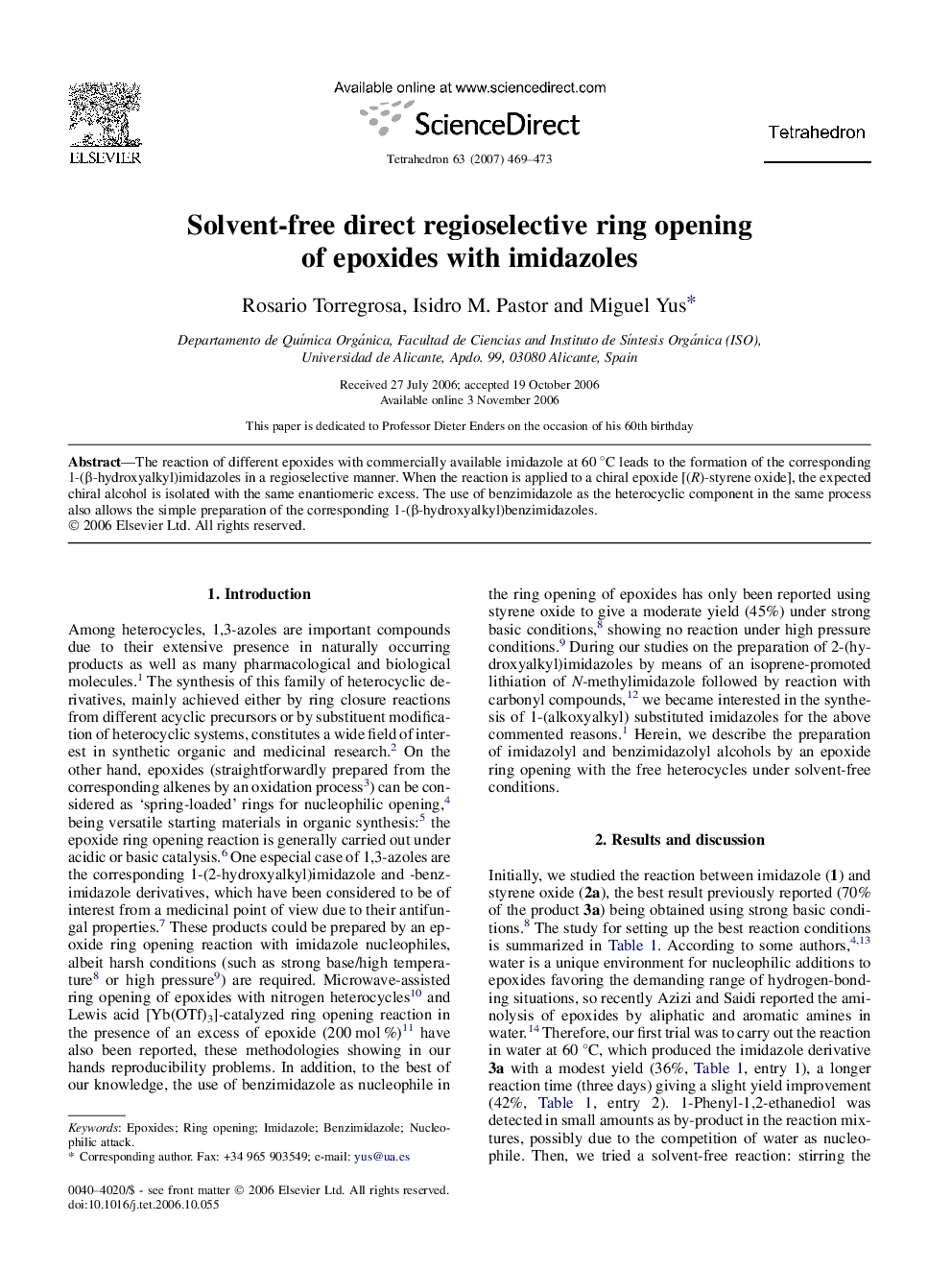 Solvent-free direct regioselective ring opening of epoxides with imidazoles