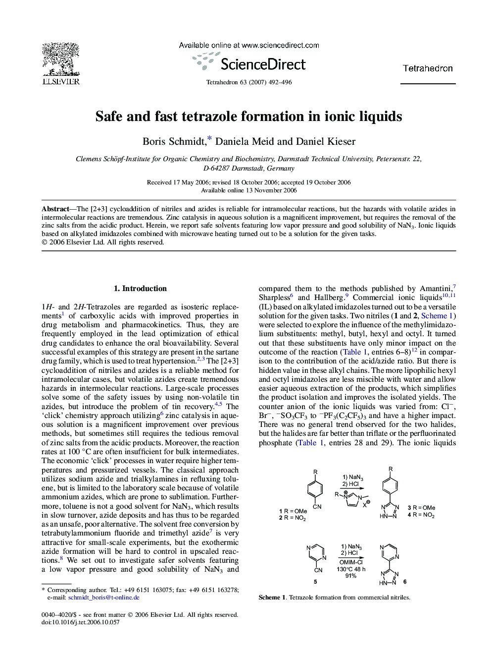 عکس صفحه اول مقاله: Safe and fast tetrazole formation in ionic liquids Safe and fast tetrazole formation in ionic liquids